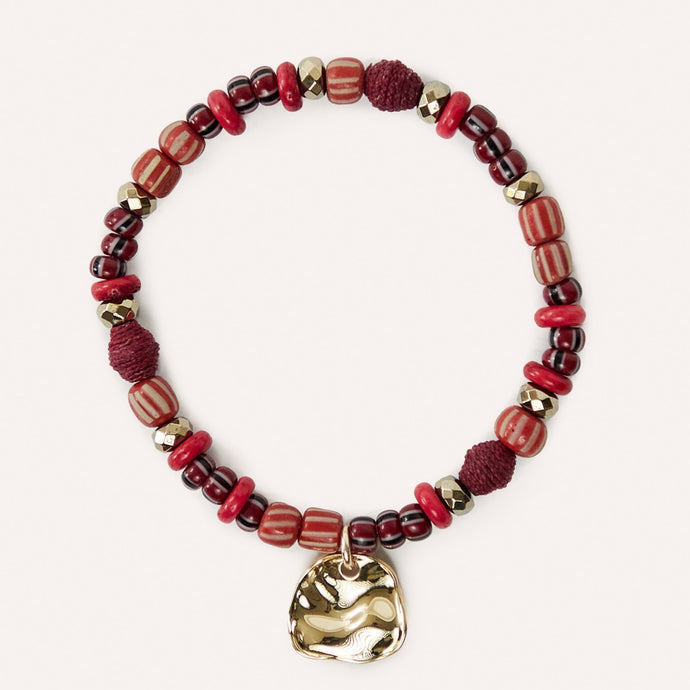 BRAVE Inspirational Beaded Charm Bracelet with Cranberry Raffia & Glass