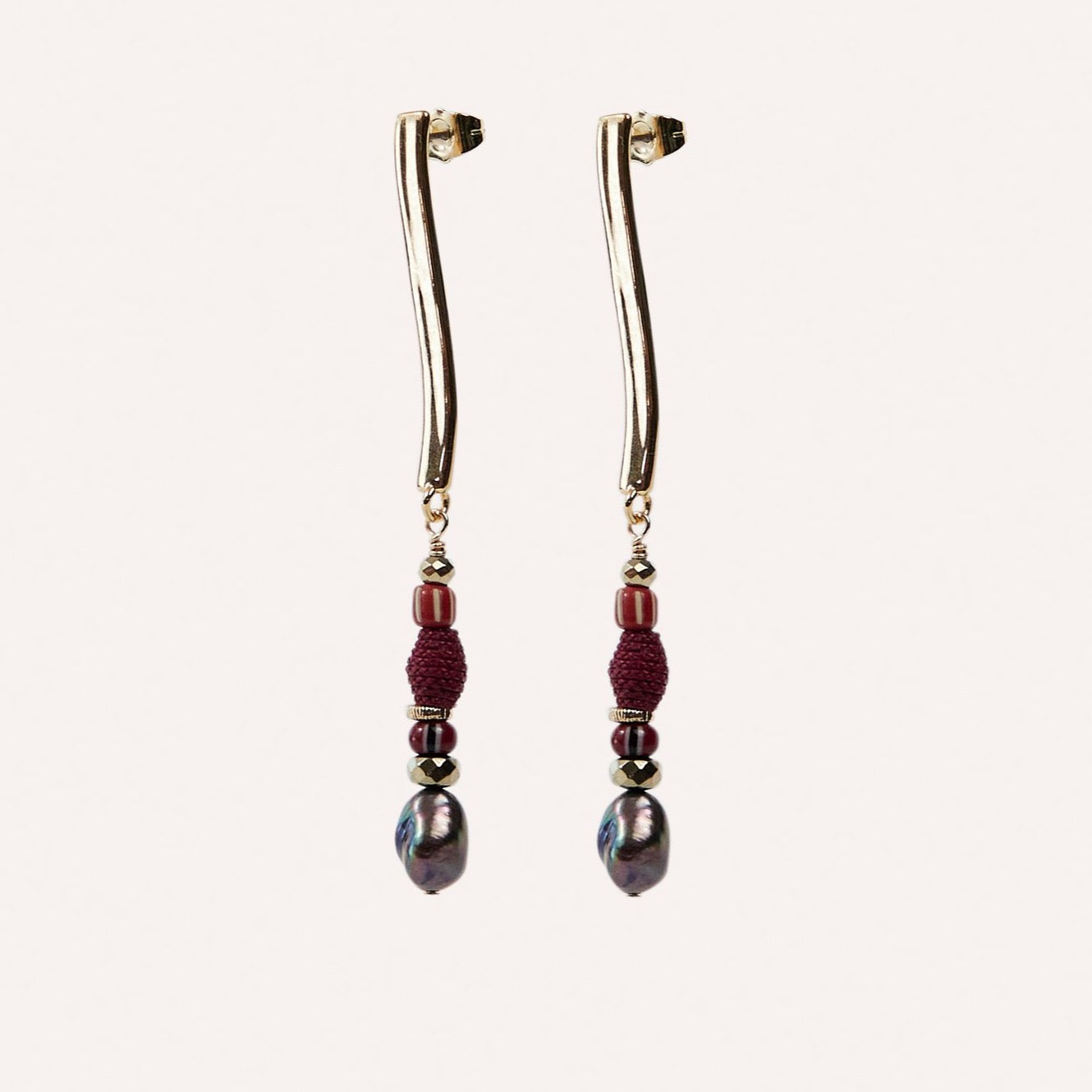Ora Linear Drop Earring with Cranberry Raffia & Pearl