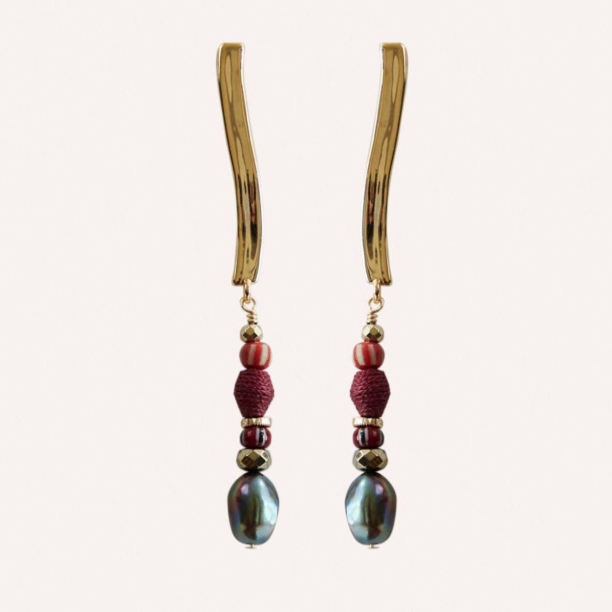Ora Linear Drop Earring with Cranberry Raffia & Pearl