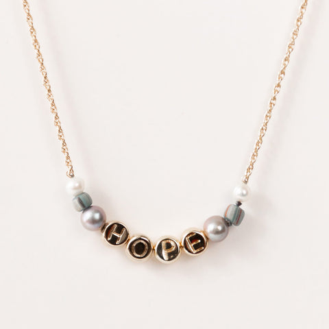 HOPE Inspirational Dainty Beaded Necklace with Gray Pearl & Glass